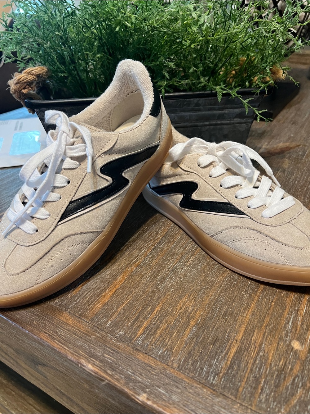 Women’s Beige Suede Casual Sneakers with Black Accent